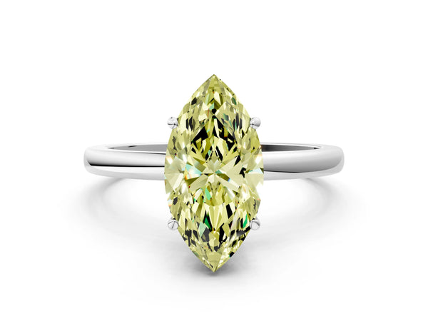 Platinum Fancy Yellow Marquise Cut Solitaire Diamond Ring with Prong Setting and Plain Band