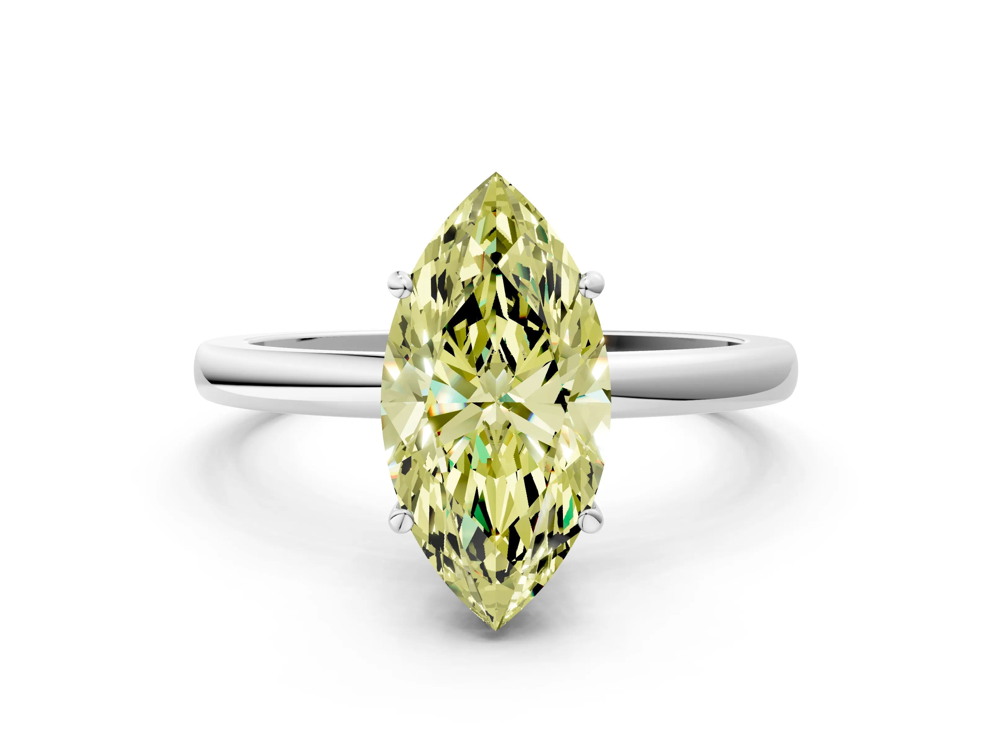 White gold Fancy Yellow Marquise Cut Solitaire Diamond Ring with Prong Setting and Plain Band_12