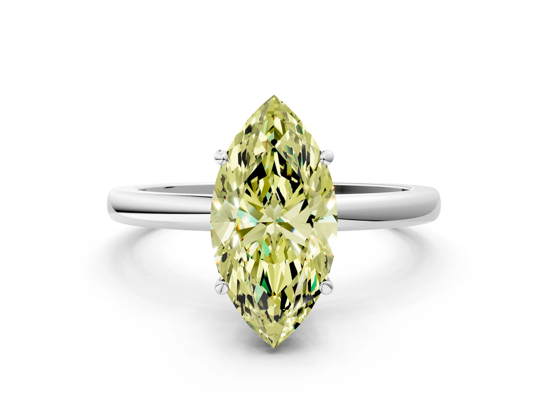 White gold Fancy Yellow Marquise Cut Solitaire Diamond Ring with Prong Setting and Plain Band_12