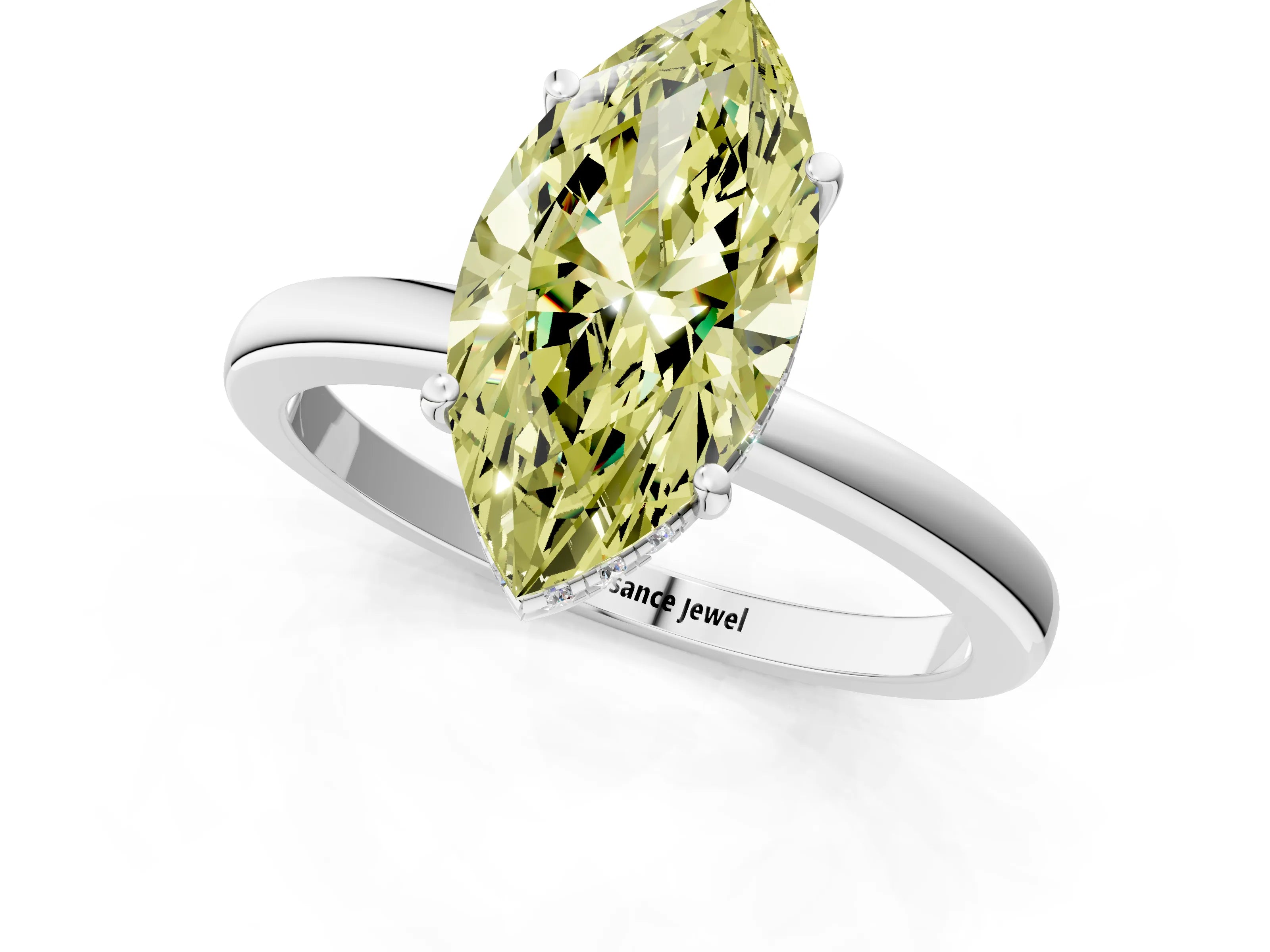 White gold Fancy Yellow Marquise Cut Solitaire Diamond Ring with Prong Setting and Plain Band_13