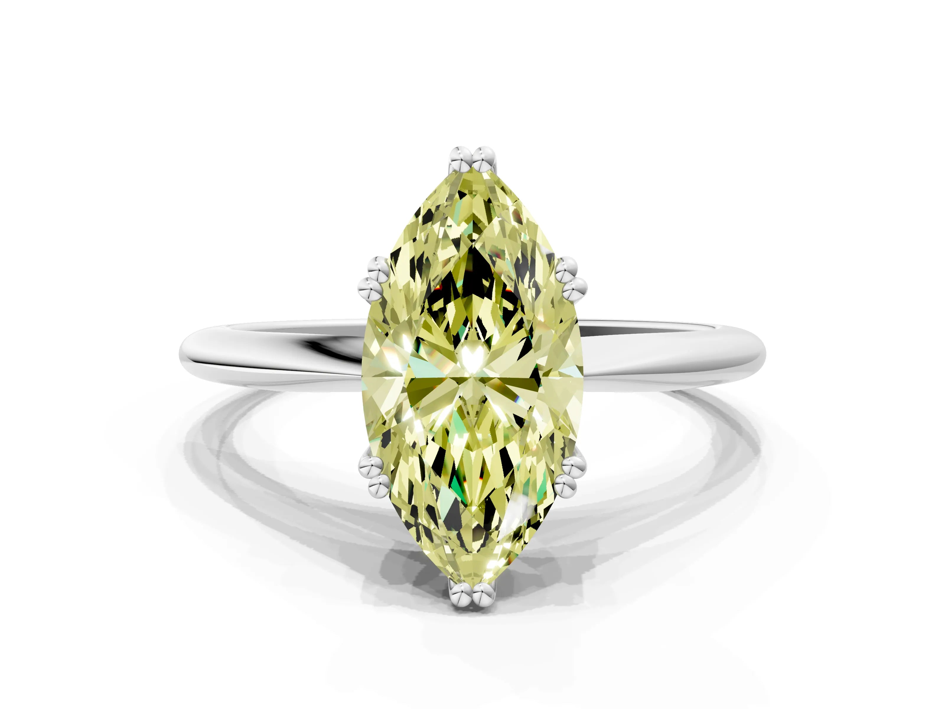 White gold Fancy Yellow Marquise Cut Solitaire Diamond Ring with Six-Prong Setting and Classic Band