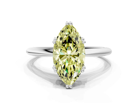 White gold Fancy Yellow Marquise Cut Solitaire Diamond Ring with Six-Prong Setting and Classic Band