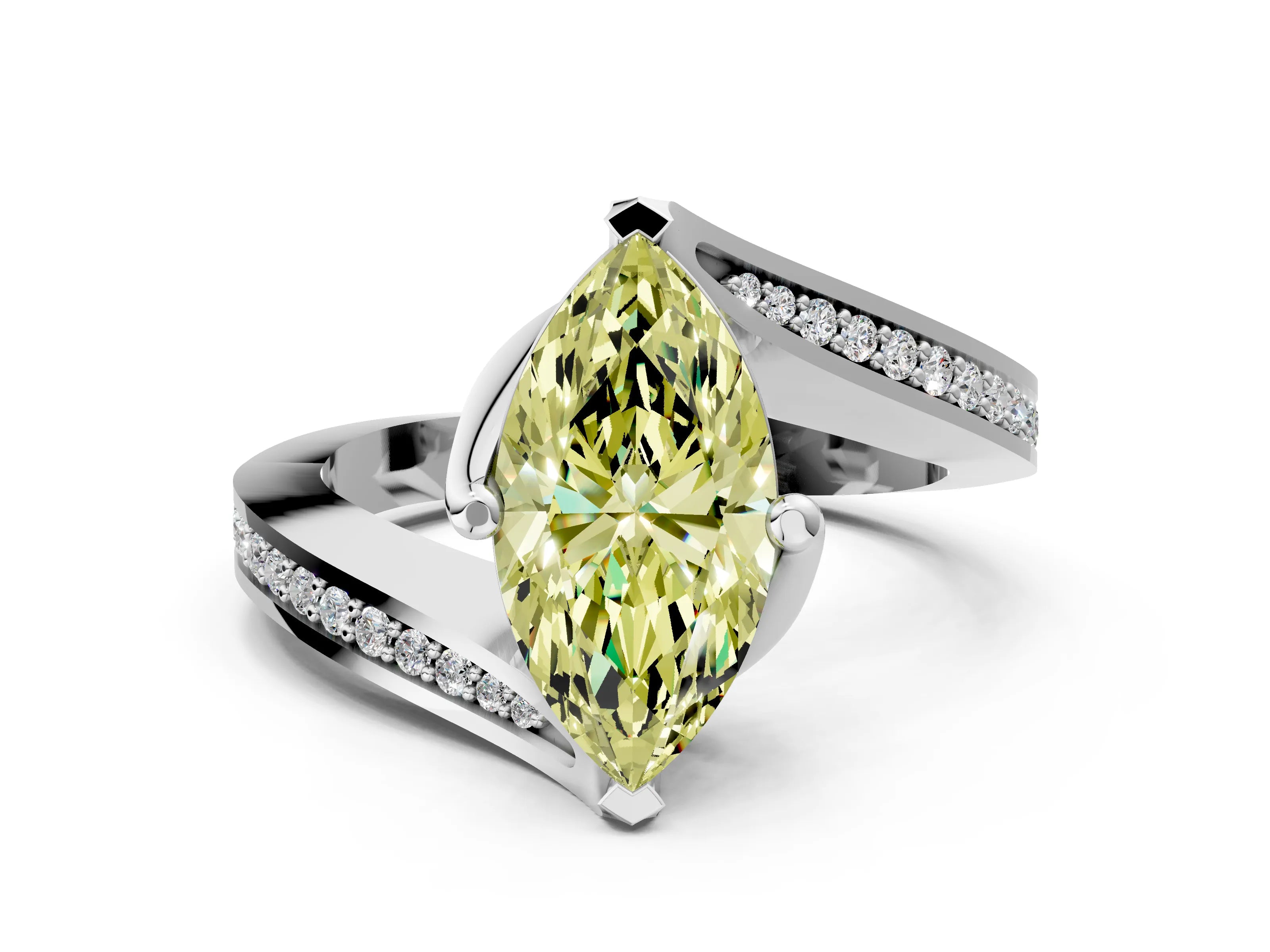 White gold Fancy Yellow Marquise Cut Solitaire Diamond Twist Band with Pavé Setting and Four-Prong Setting_12