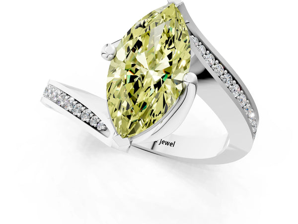 Platinum Fancy Yellow Marquise Cut Solitaire Diamond Twist Band with Pavé Setting and Four-Prong Setting