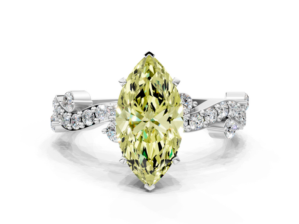 Platinum Fancy Yellow Marquise  Cut Solitaire Diamond Twisted Band with Pave Setting