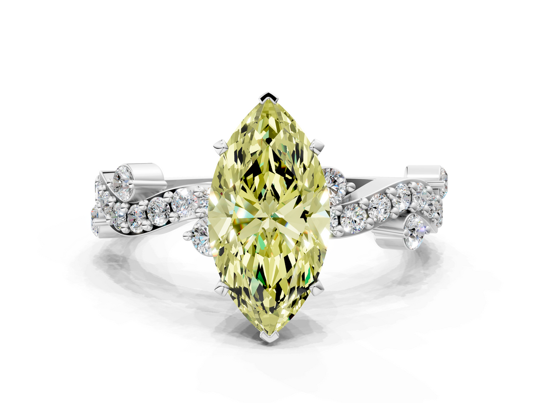 White gold Fancy Yellow Marquise  Cut Solitaire Diamond Twisted Band with Pave Setting