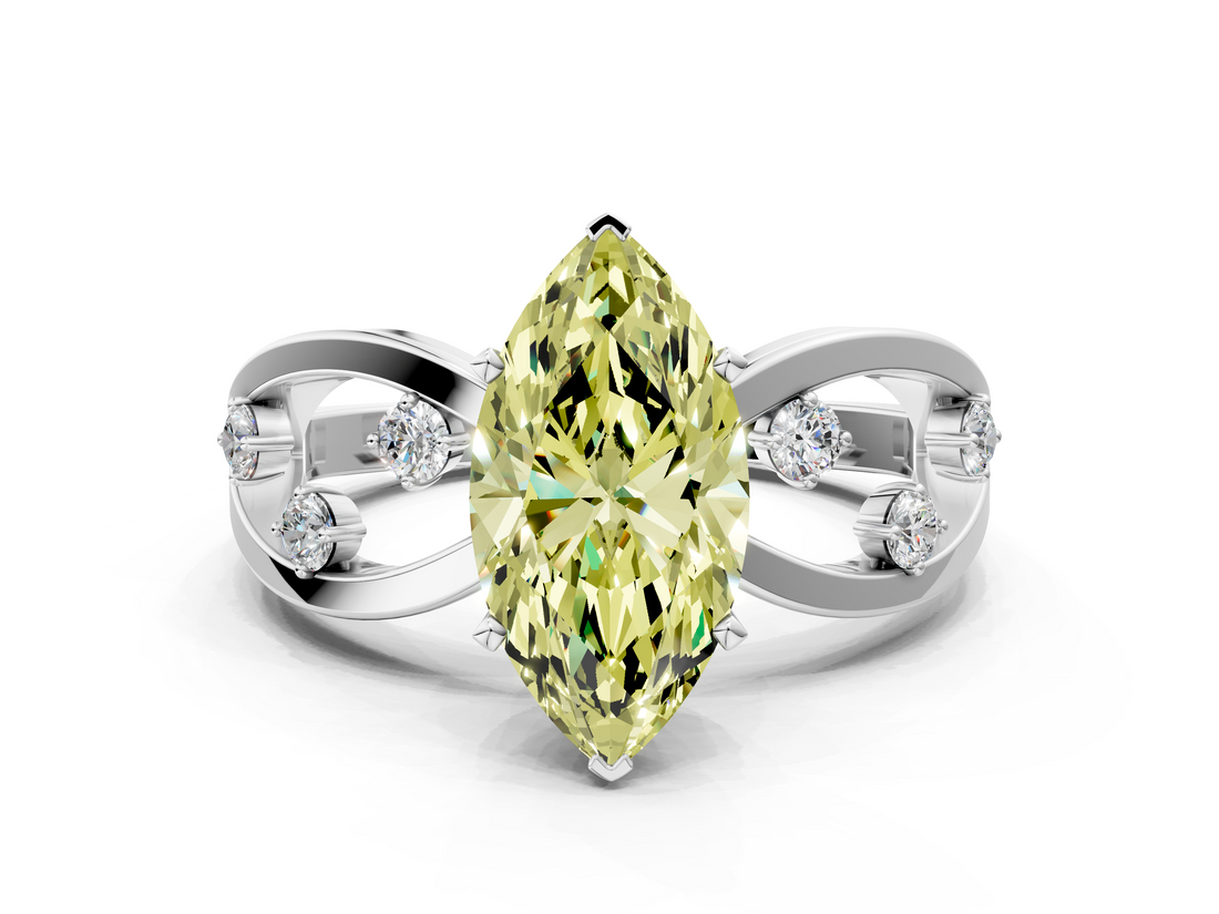 White gold Fancy Yellow Marquise  Cut Solitaire Diamond with Side Stones on Criss-Cross Band and Four-Prong Setting