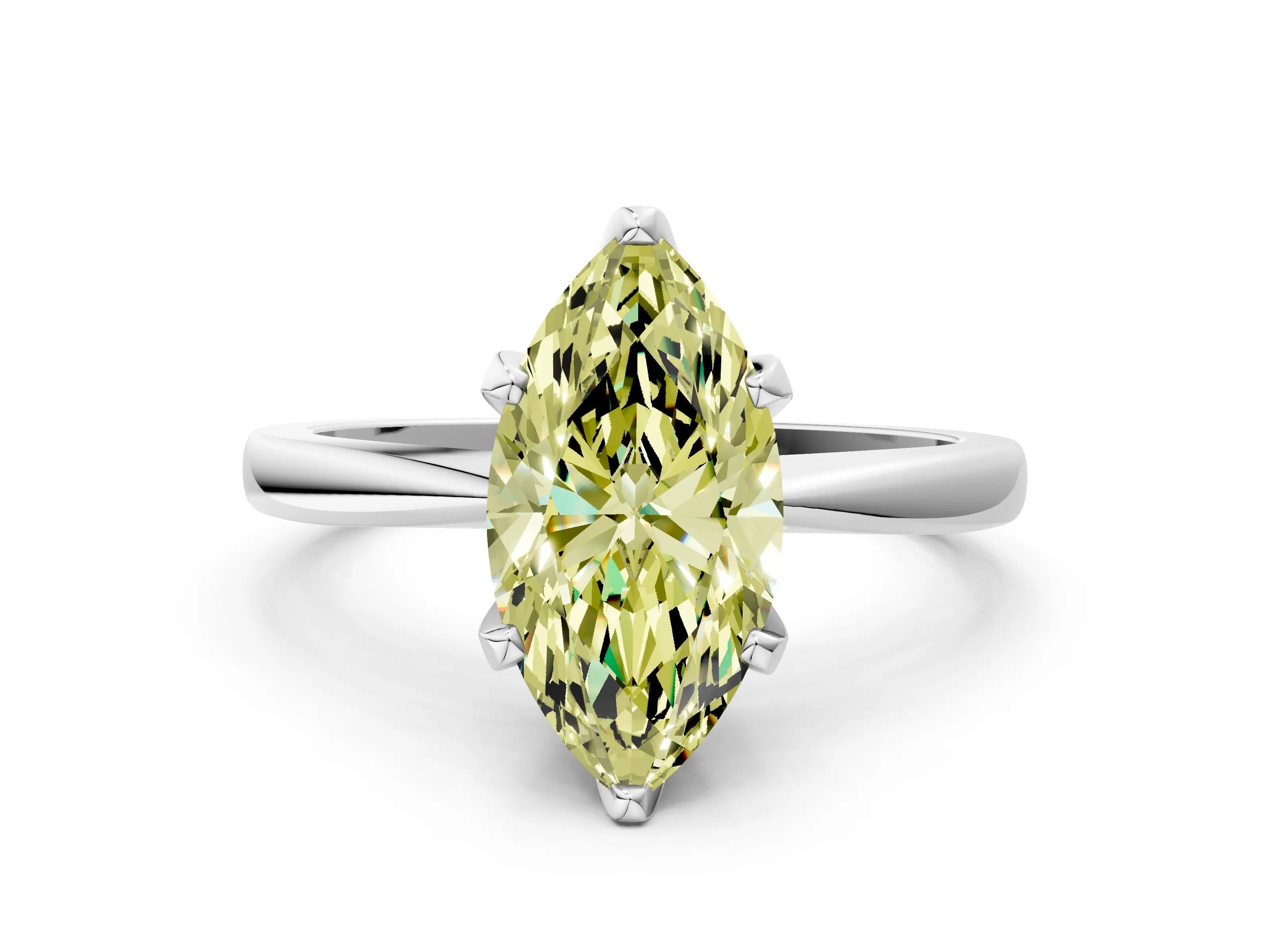 White gold Fancy Yellow Marquise Cut Solitaire Engagement Ring with Six-Prong Setting and Tapered Band