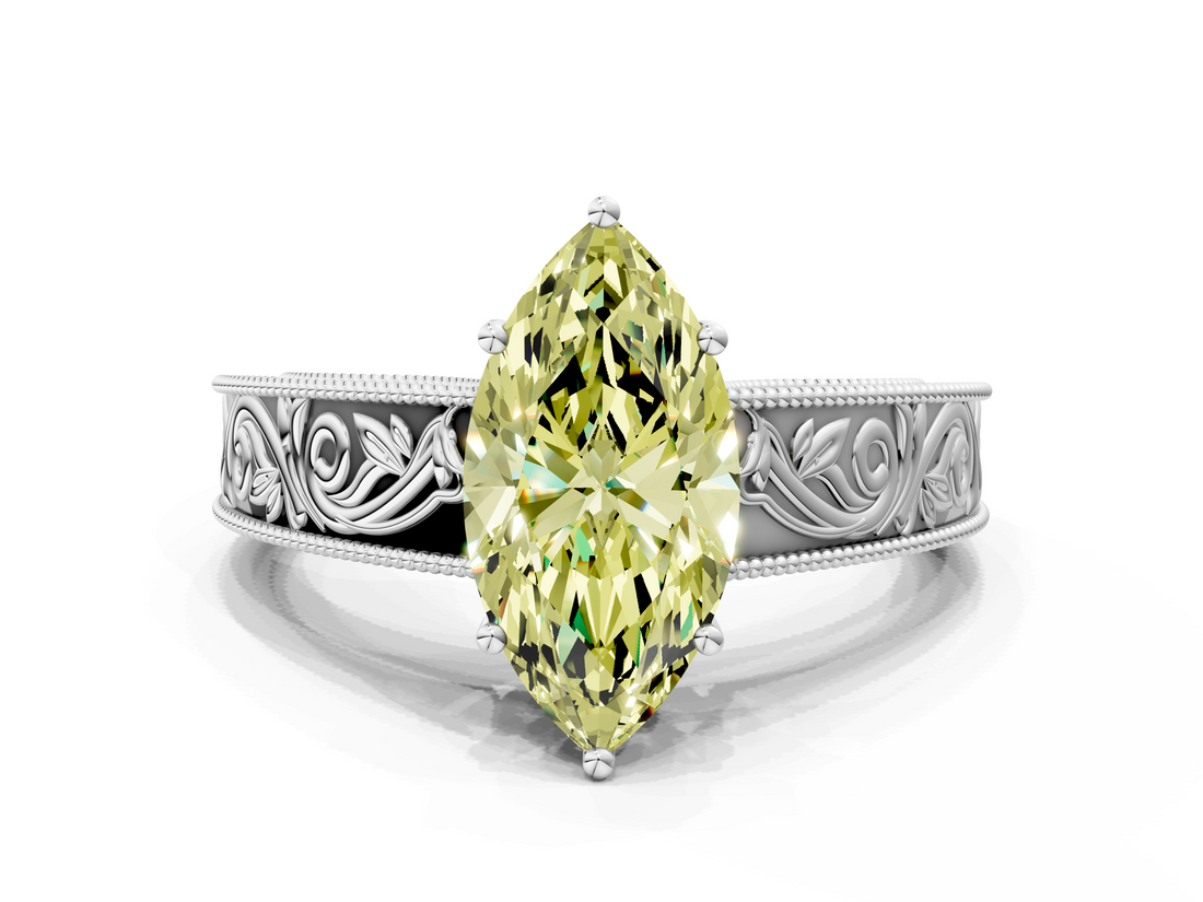 White gold Fancy Yellow Marquise  Cut Solitaire Engraved Band with Four-Prong Setting