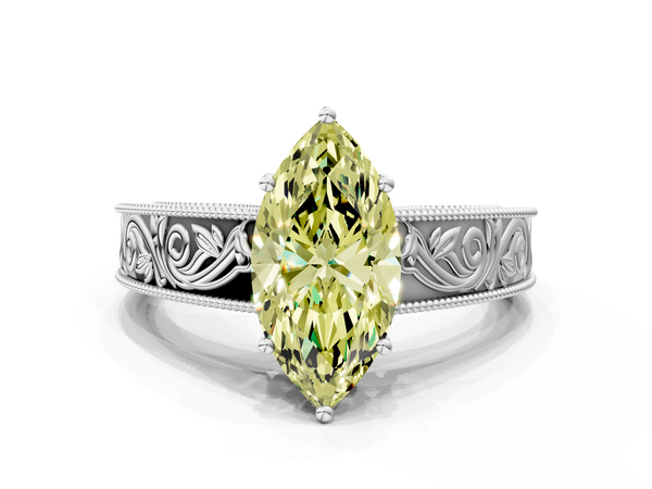 White gold Fancy Yellow Marquise Cut Diamond Solitaire Ring with Engraved Band and Four-Prong Setting