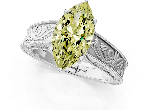 White gold Fancy Yellow Marquise Cut Diamond Solitaire Ring with Engraved Band and Four-Prong Setting