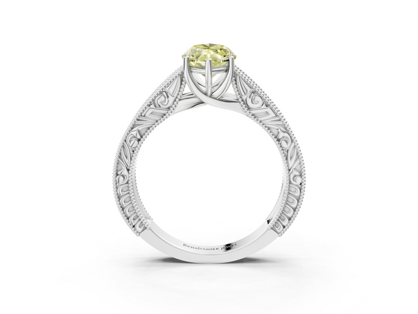 White gold Fancy Yellow Marquise Cut Diamond Solitaire Ring with Engraved Band and Four-Prong Setting