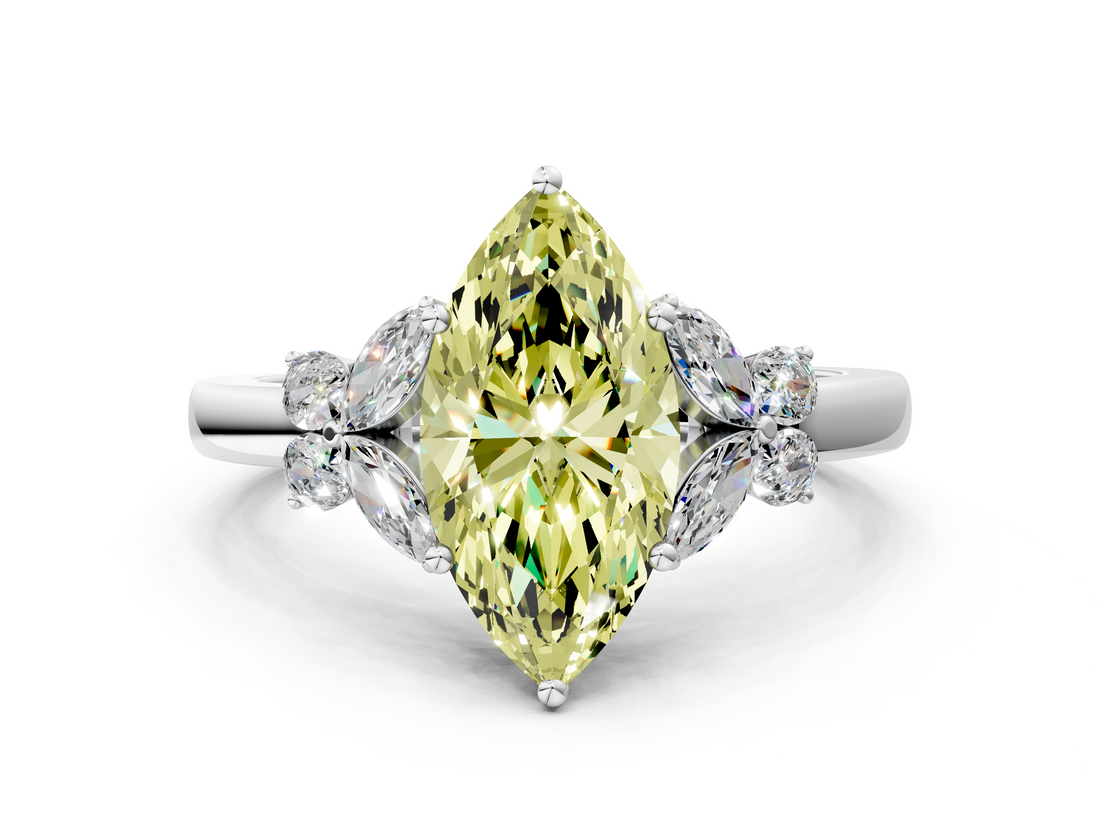 White gold Fancy Yellow Marquise  Cut Solitaire Floral Diamond Ring with Four-Prong Setting
