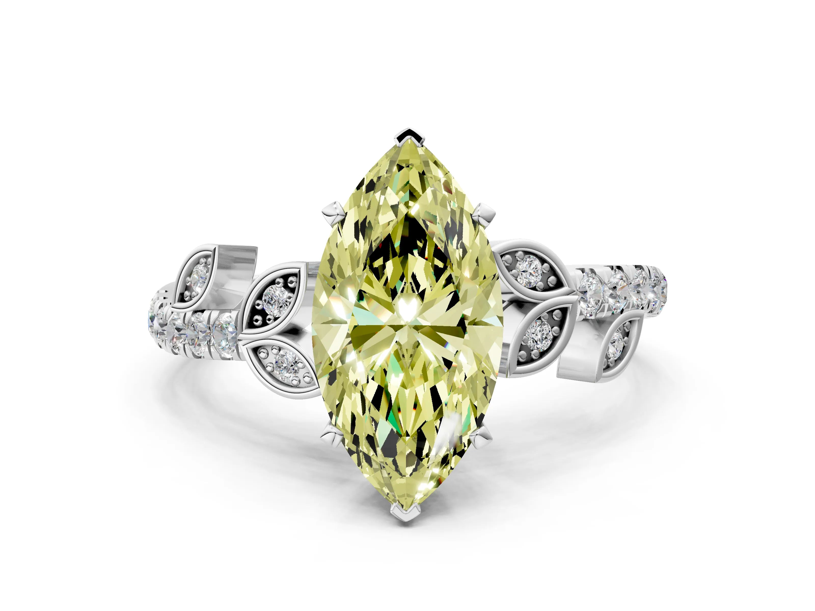White gold Fancy Yellow Marquise Cut Solitaire Leaf-Inspired Diamond Ring with Pavé Band and Four-Prong Setting_12