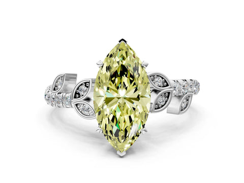 White gold Fancy Yellow Marquise Cut Solitaire Leaf-Inspired Diamond Ring with Pavé Band and Four-Prong Setting_12