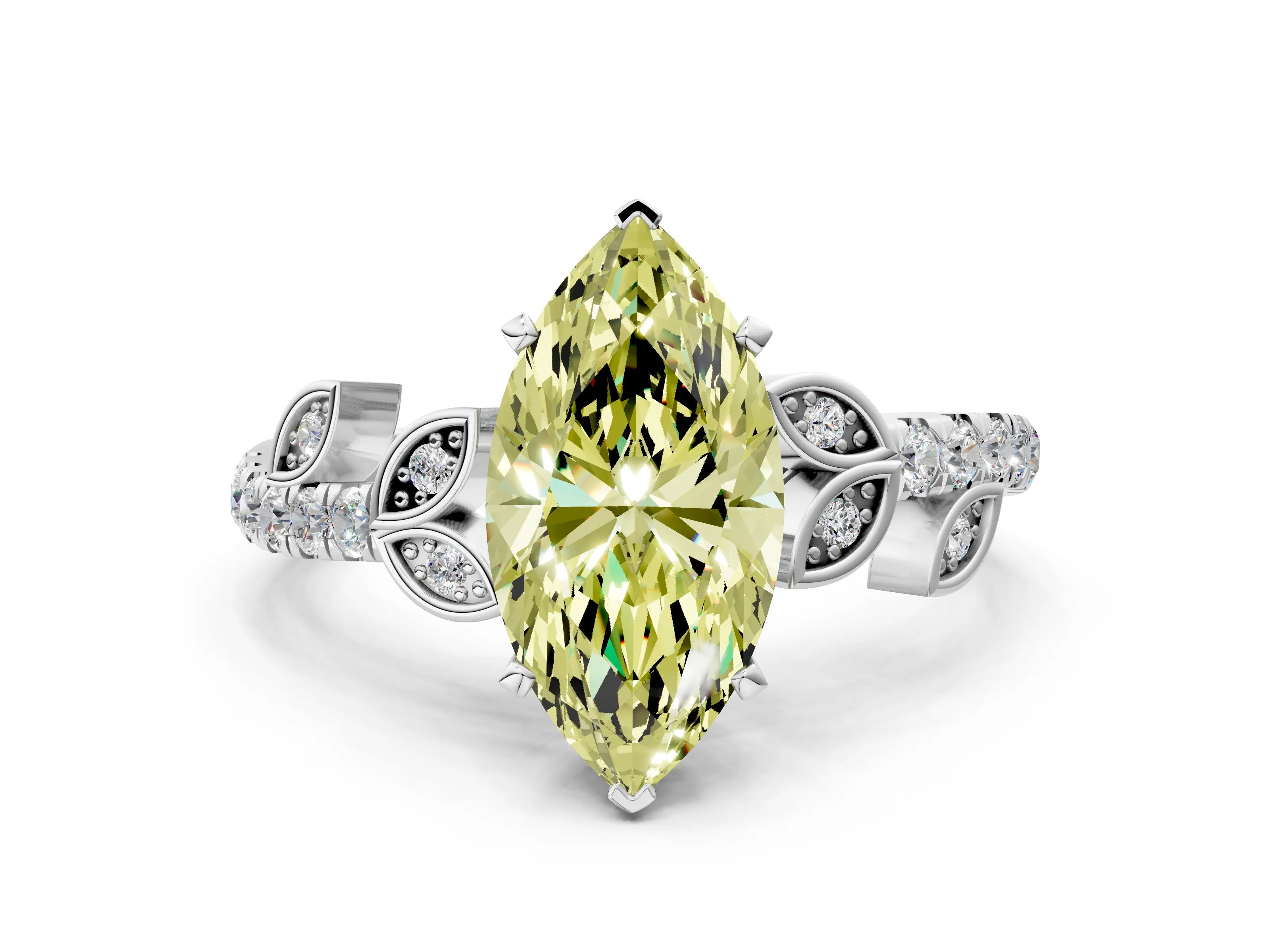 White gold Fancy Yellow Marquise Cut Solitaire Leaf-Inspired Diamond Ring with Pavé Band and Four-Prong Setting_36