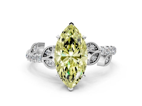 White gold Fancy Yellow Marquise Cut Solitaire Leaf-Inspired Diamond Ring with Pavé Band and Four-Prong Setting_36
