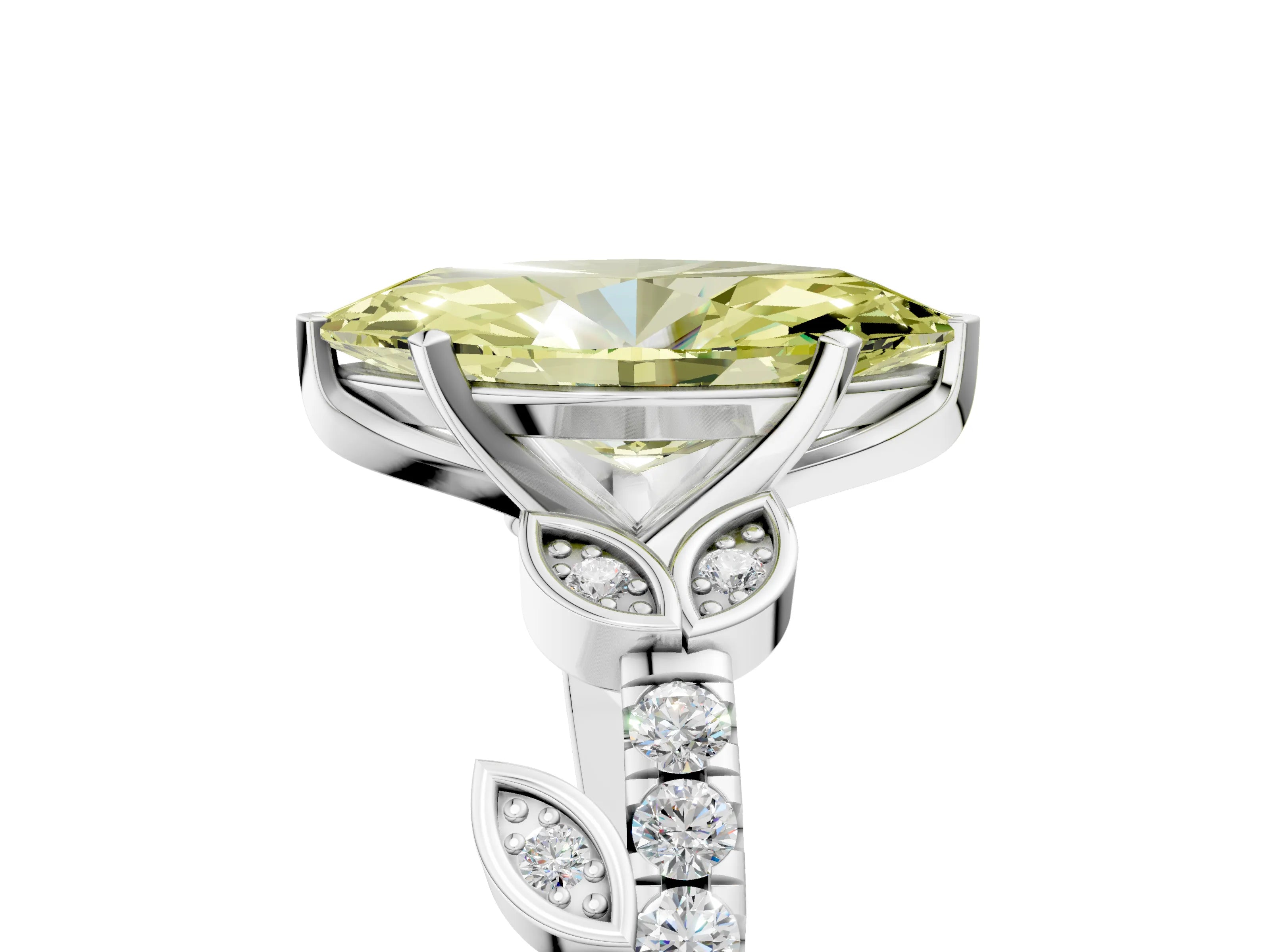 White gold Fancy Yellow Marquise Cut Solitaire Leaf-Inspired Diamond Ring with Pavé Band and Four-Prong Setting_41