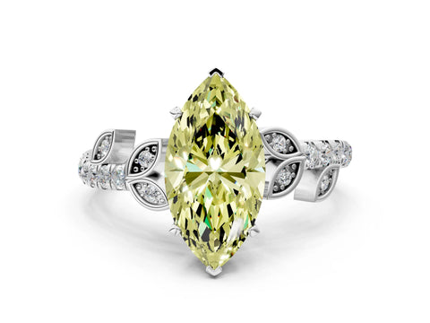 White gold Fancy Yellow Marquise Cut Solitaire Leaf-Inspired Diamond Ring with Pavé Band and Four-Prong Setting_48