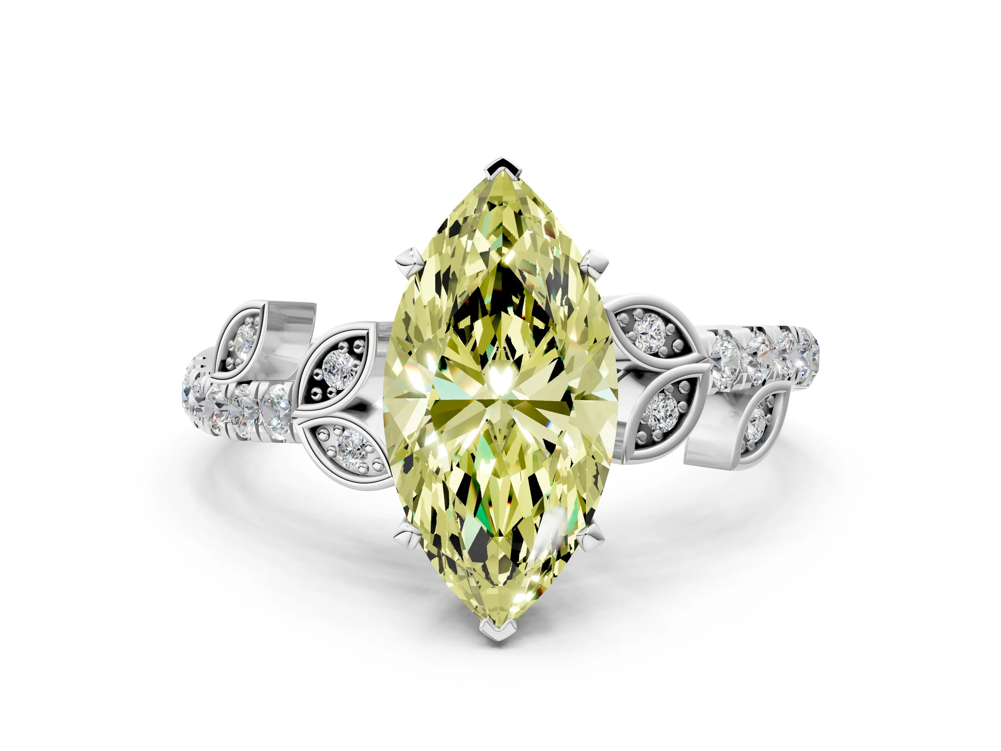White gold Fancy Yellow Marquise Cut Solitaire Leaf-Inspired Diamond Ring with Pavé Band and Four-Prong Setting_48