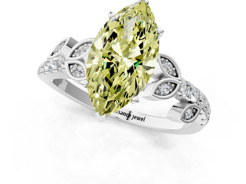 White gold Fancy Yellow Marquise Cut Solitaire Leaf-Inspired Diamond Ring with Pavé Band and Four-Prong Setting_49