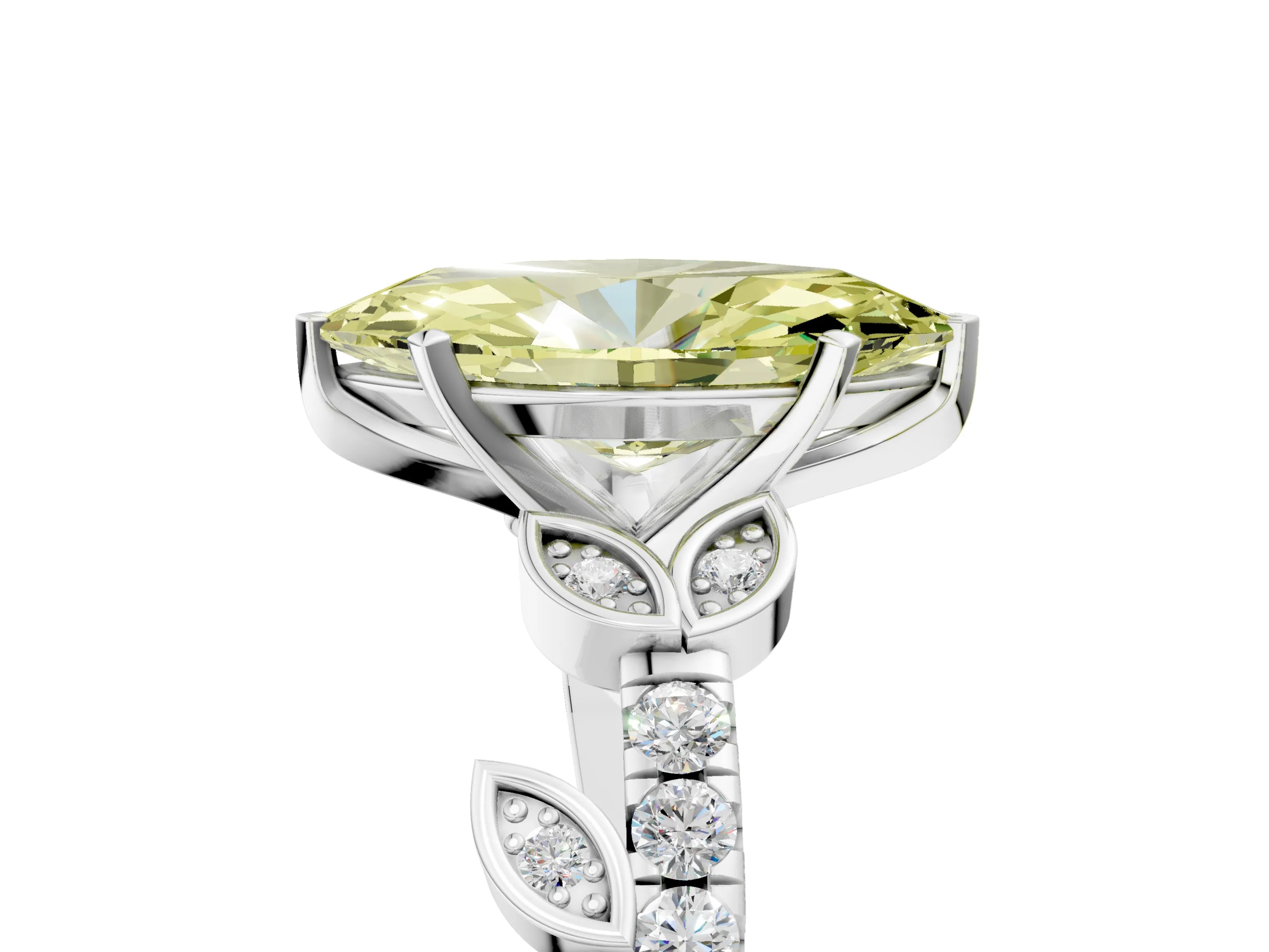 White gold Fancy Yellow Marquise Cut Solitaire Leaf-Inspired Diamond Ring with Pavé Band and Four-Prong Setting_53