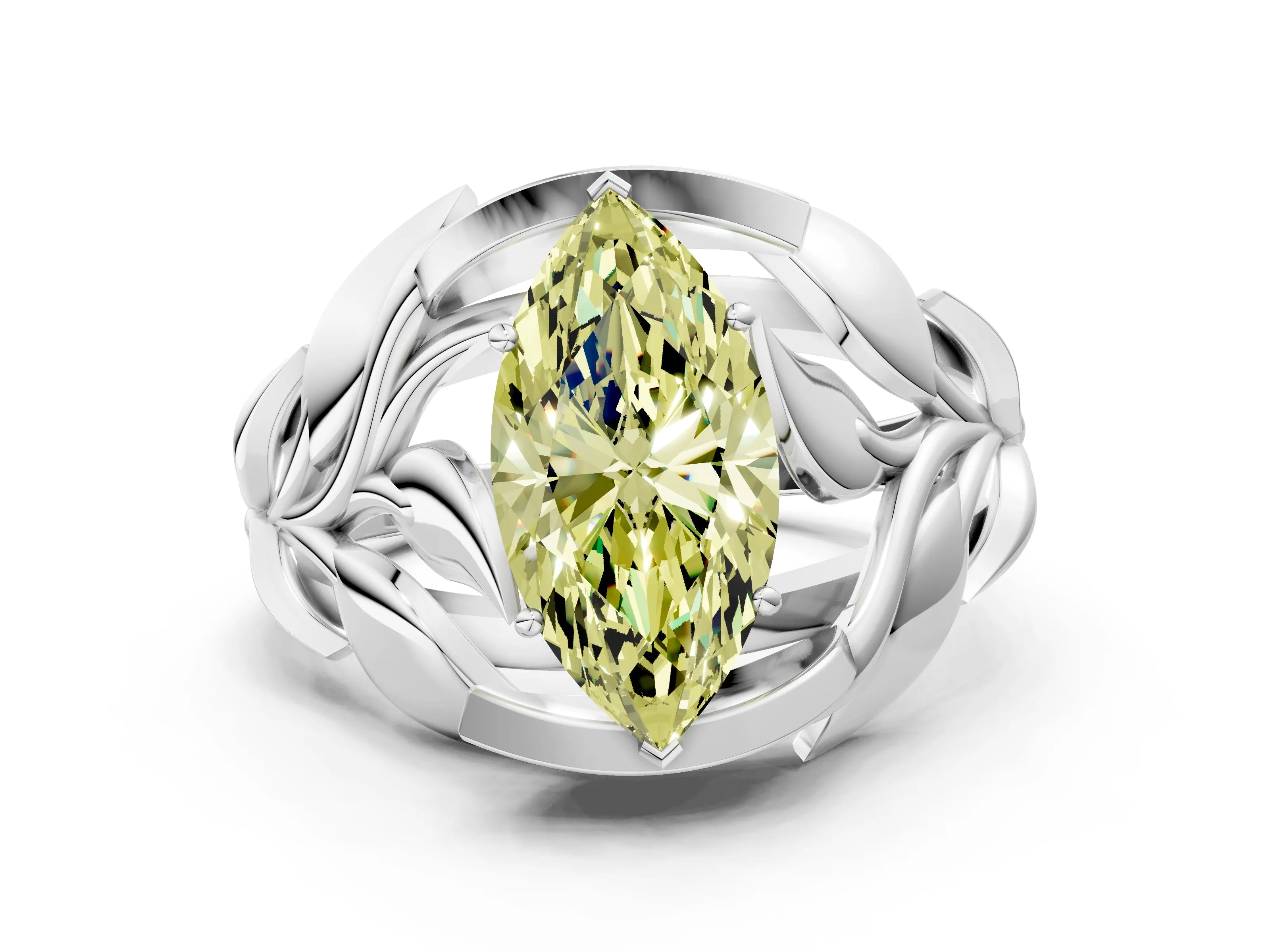 White gold Fancy Yellow Marquise Cut Solitaire Leaf-Inspired Engagement Ring with Prong Setting