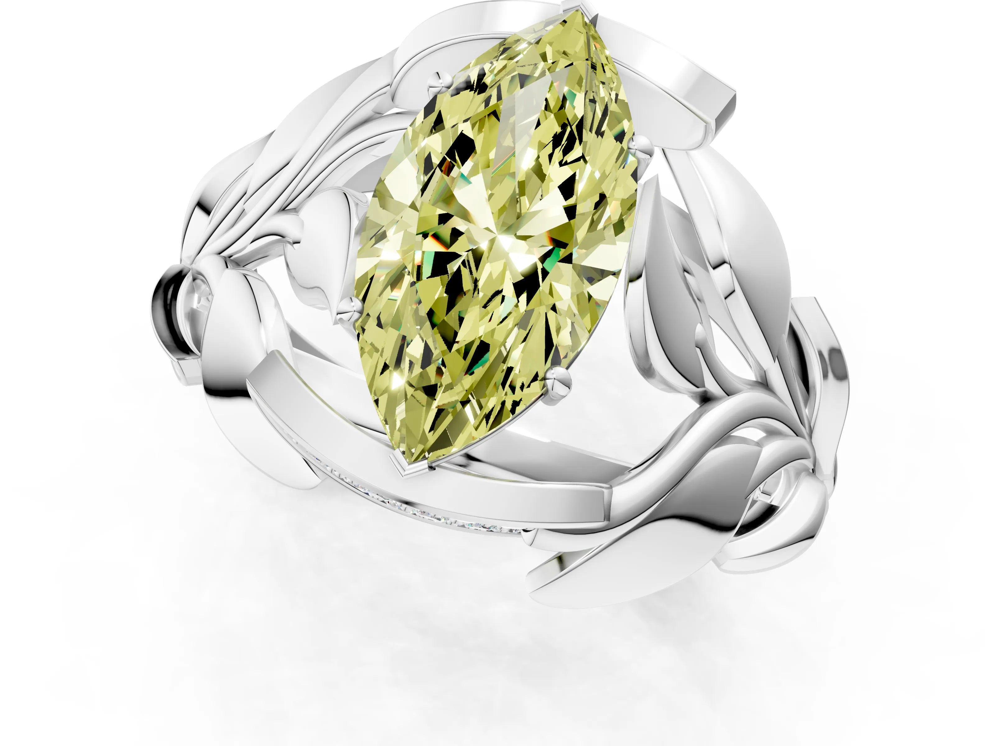 White gold Fancy Yellow Marquise Cut Solitaire Leaf-Inspired Engagement Ring with Prong Setting_1