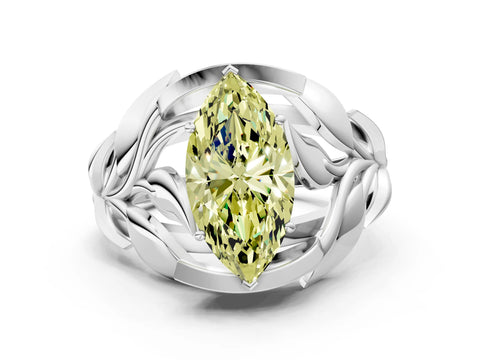 White gold Fancy Yellow Marquise Cut Solitaire Leaf-Inspired Engagement Ring with Prong Setting