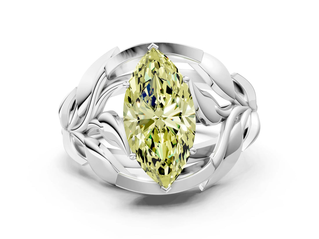 White gold Fancy Yellow Marquise Cut Solitaire Leaf-Inspired Engagement Ring with Prong Setting