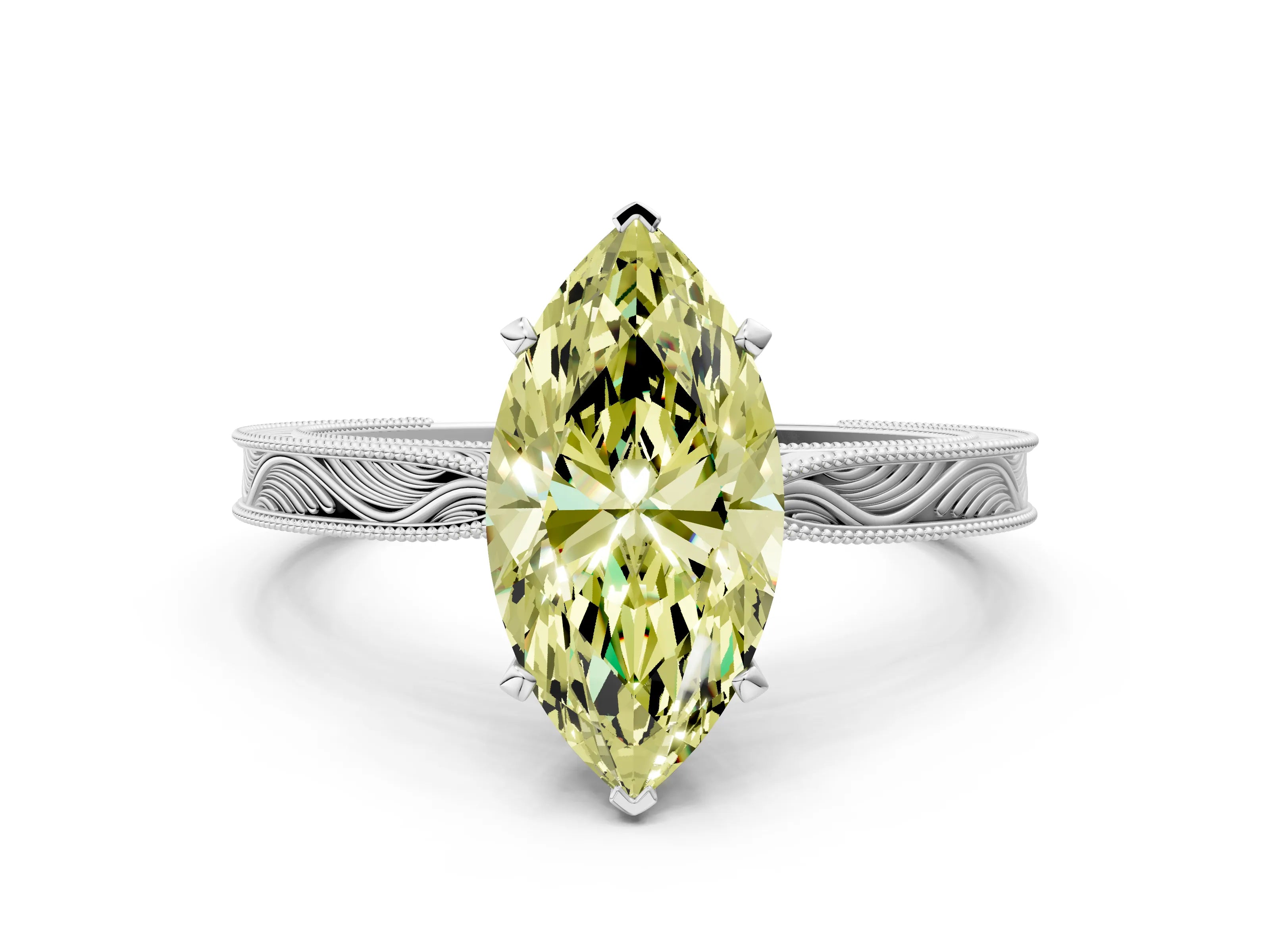 White gold Fancy Yellow Marquise Cut Solitaire Milgrain Engraved Band with Four-Prong Setting_12