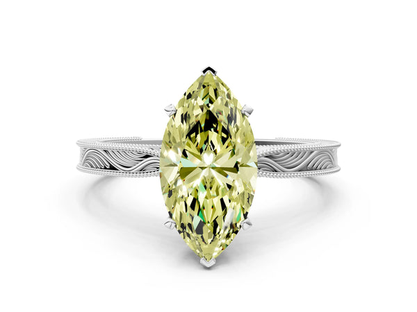 Platinum Fancy Yellow Marquise Cut Solitaire Milgrain Engraved Band with Four-Prong Setting