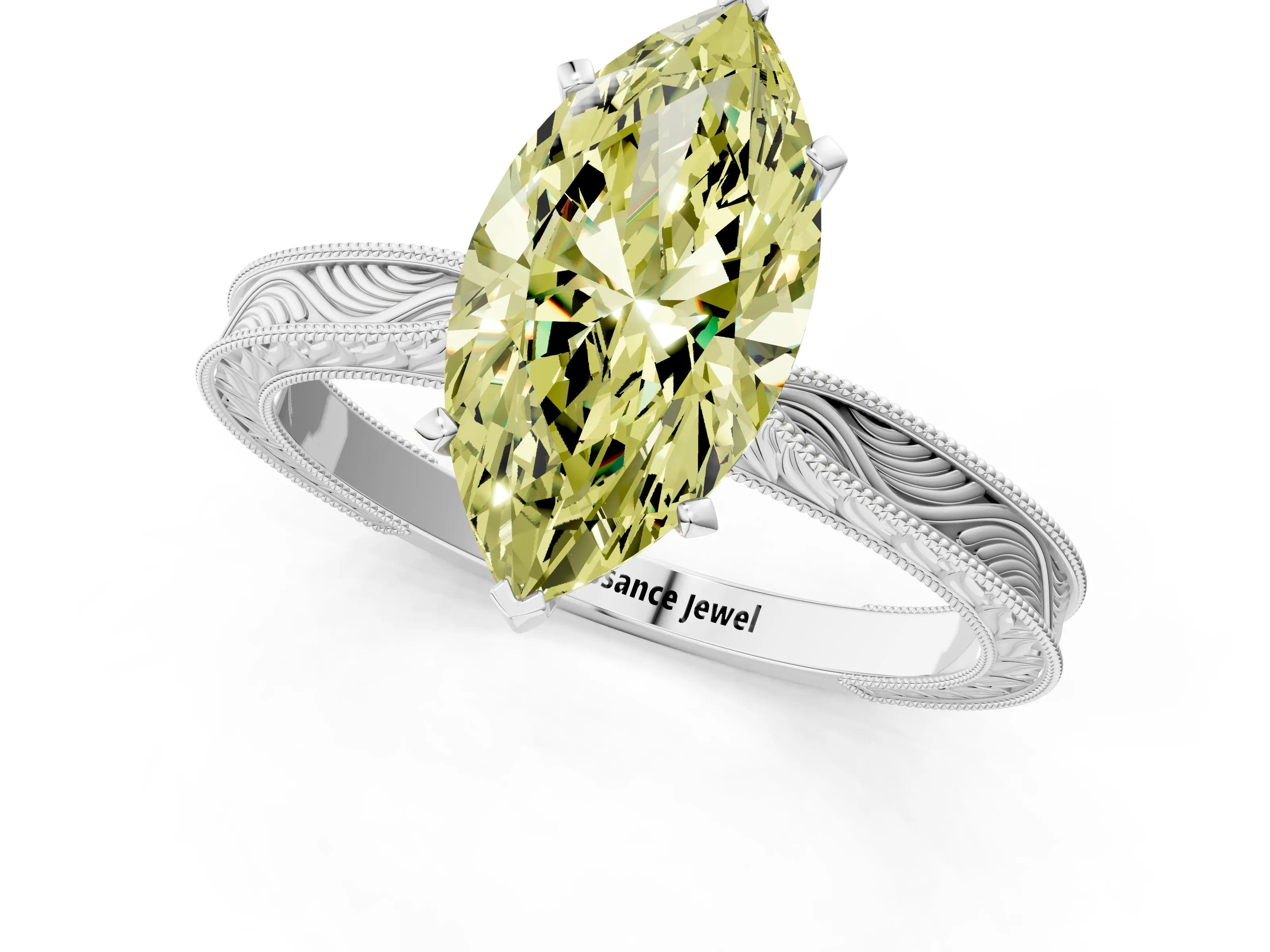 White gold Fancy Yellow Marquise Cut Solitaire Milgrain Engraved Band with Four-Prong Setting_13
