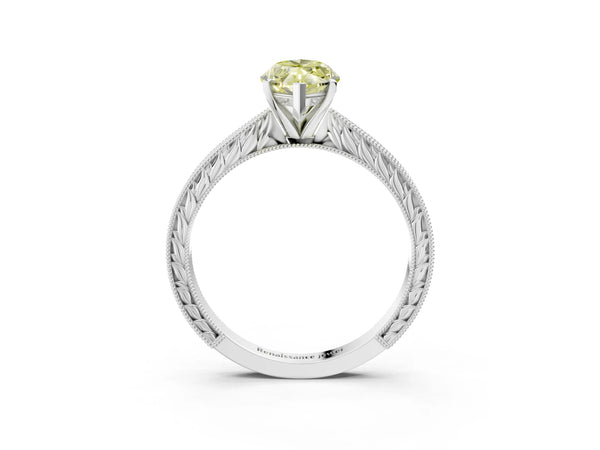 Platinum Fancy Yellow Marquise Cut Solitaire Milgrain Engraved Band with Four-Prong Setting