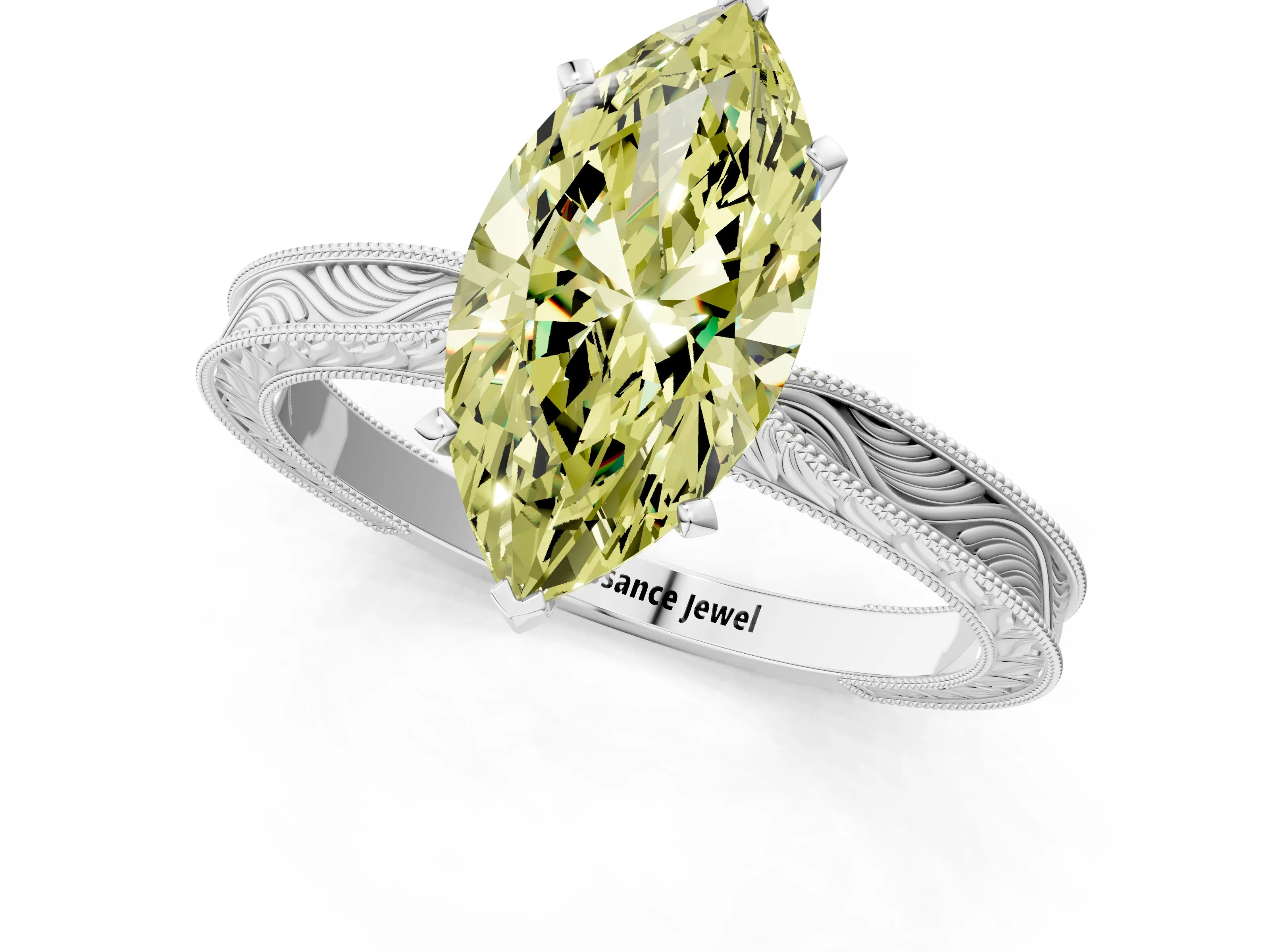 White gold Fancy Yellow Marquise Cut Solitaire Milgrain Engraved Band with Four-Prong Setting_1