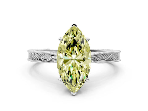 White gold Fancy Yellow Marquise Cut Solitaire Milgrain Engraved Band with Four-Prong Setting