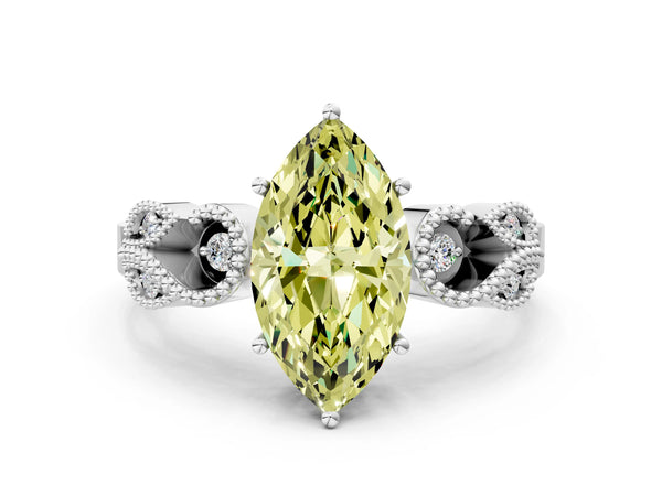 Platinum Fancy Yellow Marquise Cut Solitaire Milgrain Leaf Band with Prong Setting