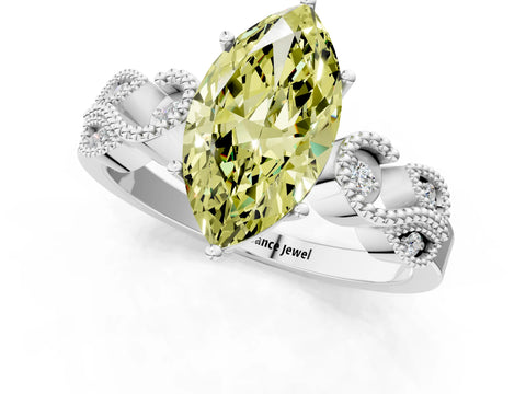 White gold Fancy Yellow Marquise Cut Solitaire Milgrain Leaf Band with Prong Setting_1