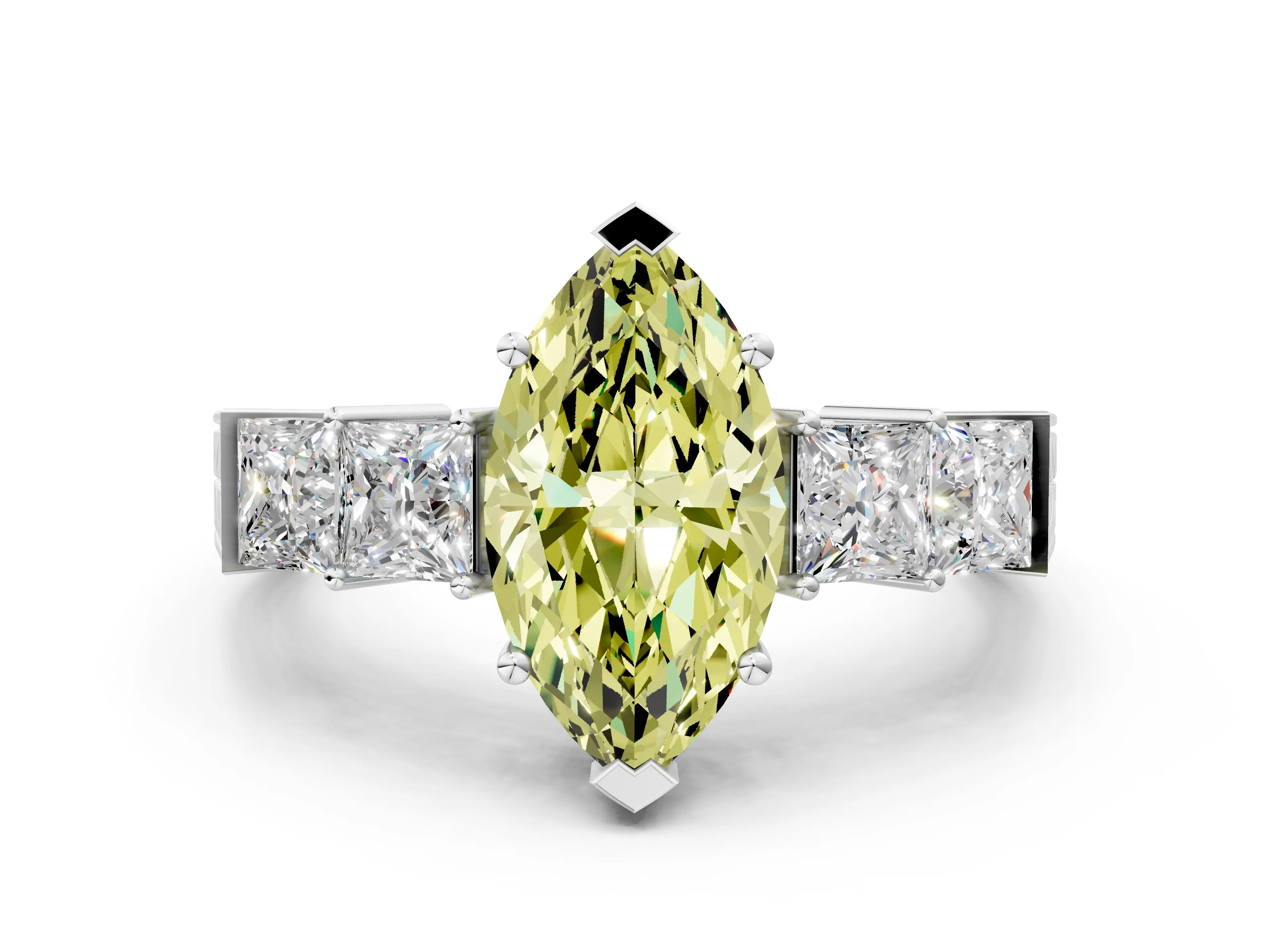 White gold Fancy Yellow Marquise Cut Solitaire Princess Side Stone Engraved Band Prong Setting Ring
