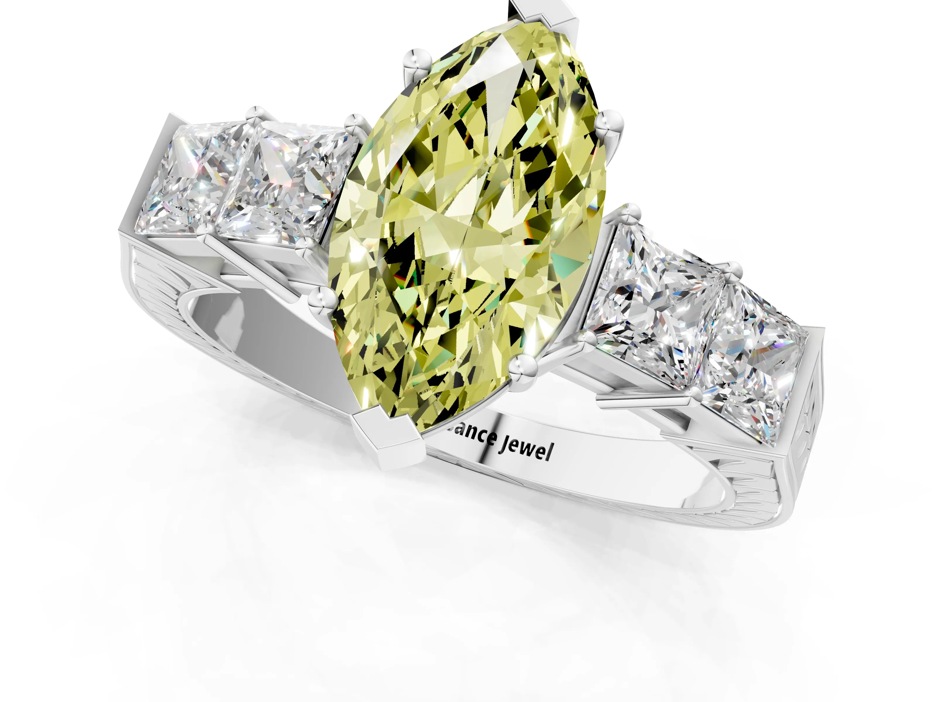 White gold Fancy Yellow Marquise Cut Solitaire Princess Side Stone Engraved Band Prong Setting Ring_1
