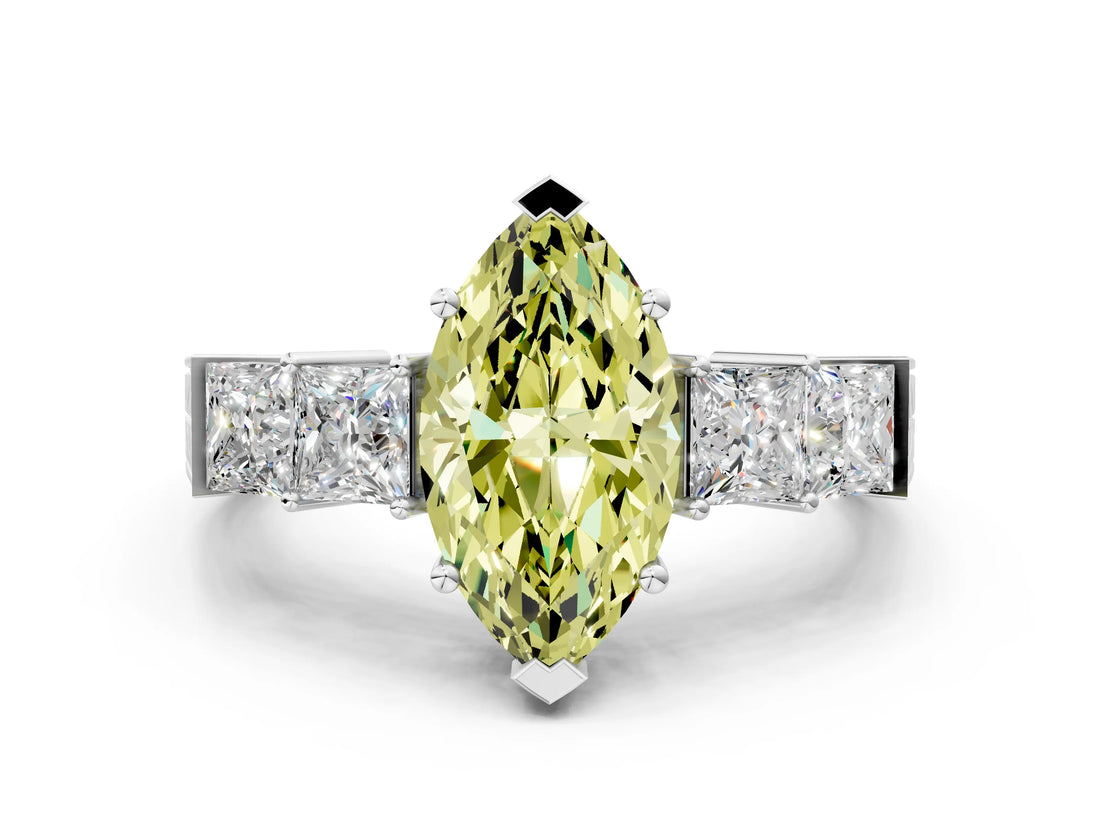 White gold Fancy Yellow Marquise Cut Solitaire Princess Side Stone Engraved Band Prong Setting Ring_12