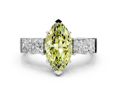White gold Fancy Yellow Marquise Cut Solitaire Princess Side Stone Engraved Band Prong Setting Ring_12