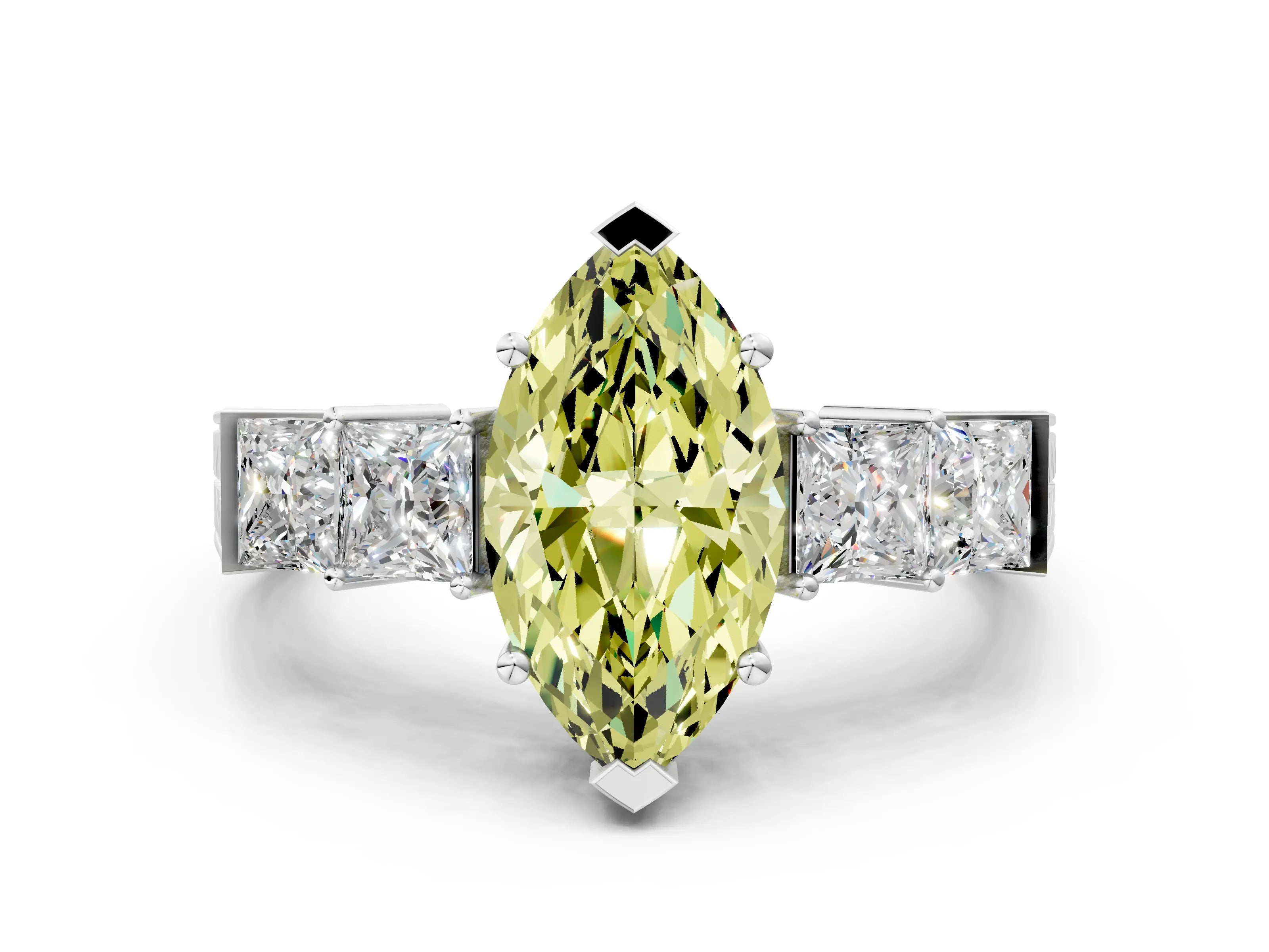 White gold Fancy Yellow Marquise Cut Solitaire Princess Side Stone Engraved Band Prong Setting Ring_12