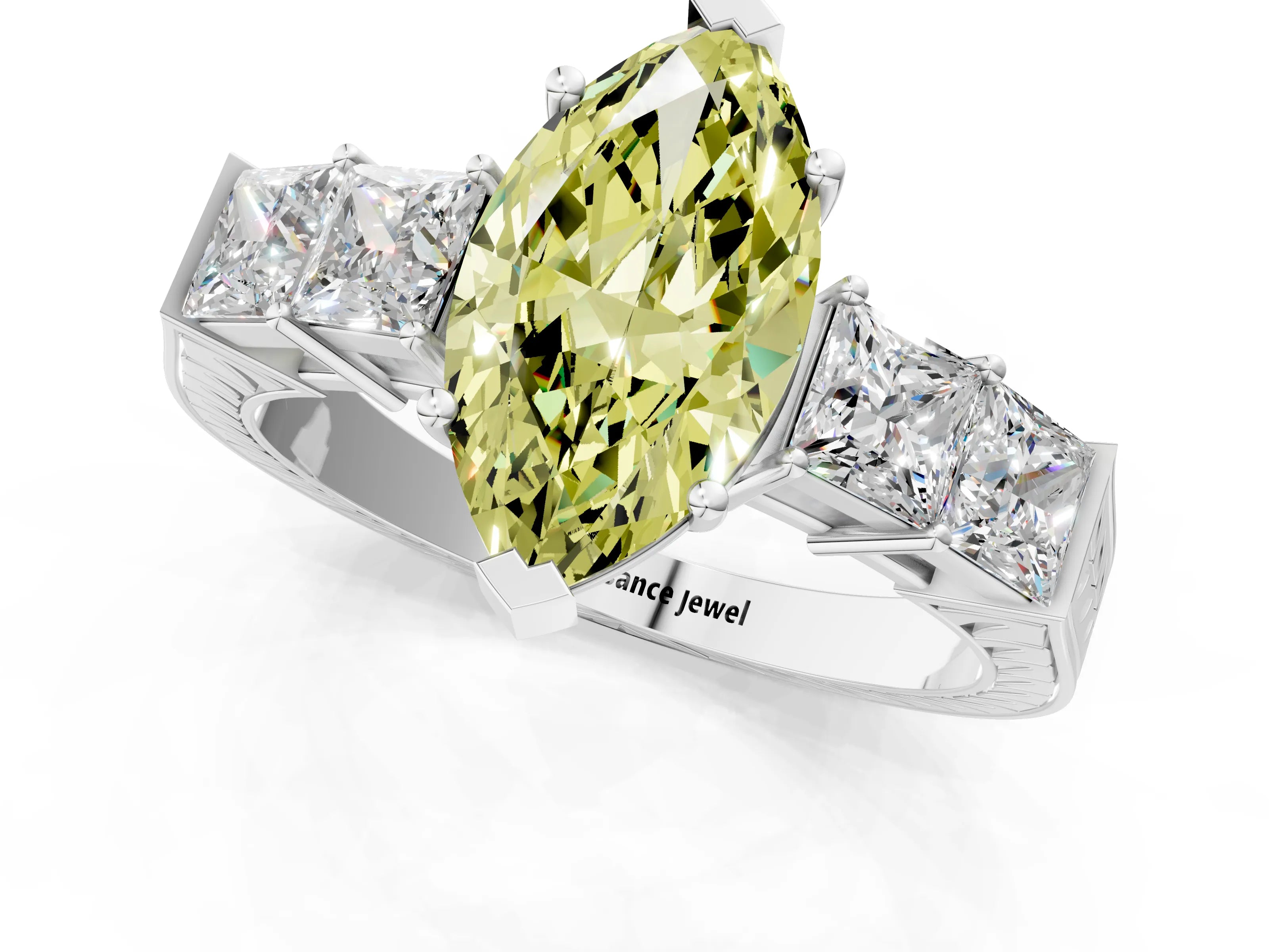White gold Fancy Yellow Marquise Cut Solitaire Princess Side Stone Engraved Band Prong Setting Ring_13