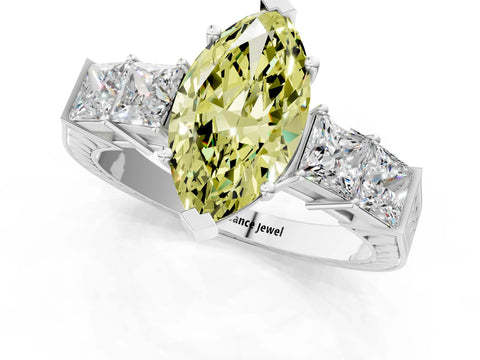 White gold Fancy Yellow Marquise Cut Solitaire Princess Side Stone Engraved Band Prong Setting Ring_13