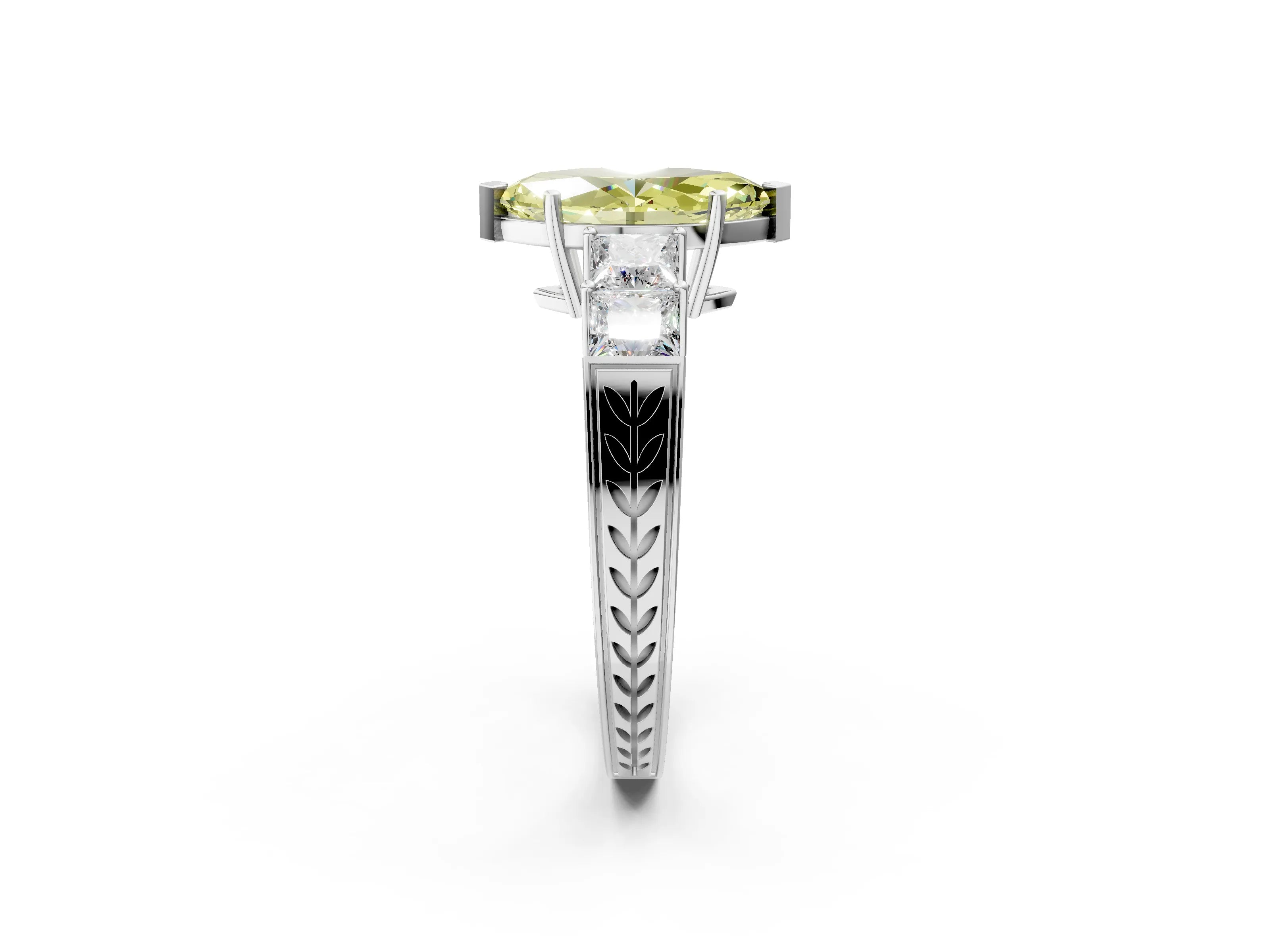 White gold Fancy Yellow Marquise Cut Solitaire Princess Side Stone Engraved Band Prong Setting Ring_14