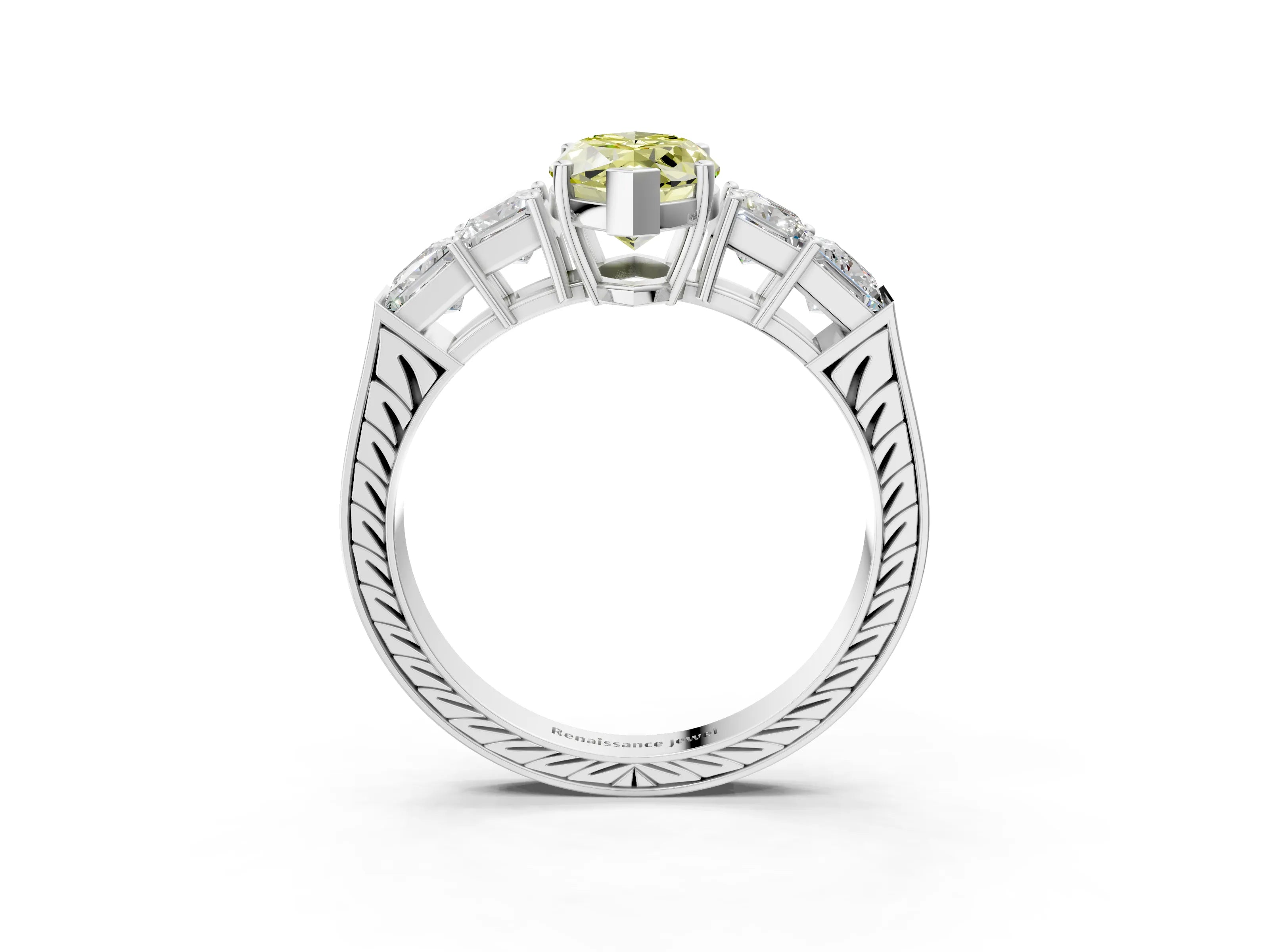 White gold Fancy Yellow Marquise Cut Solitaire Princess Side Stone Engraved Band Prong Setting Ring_15