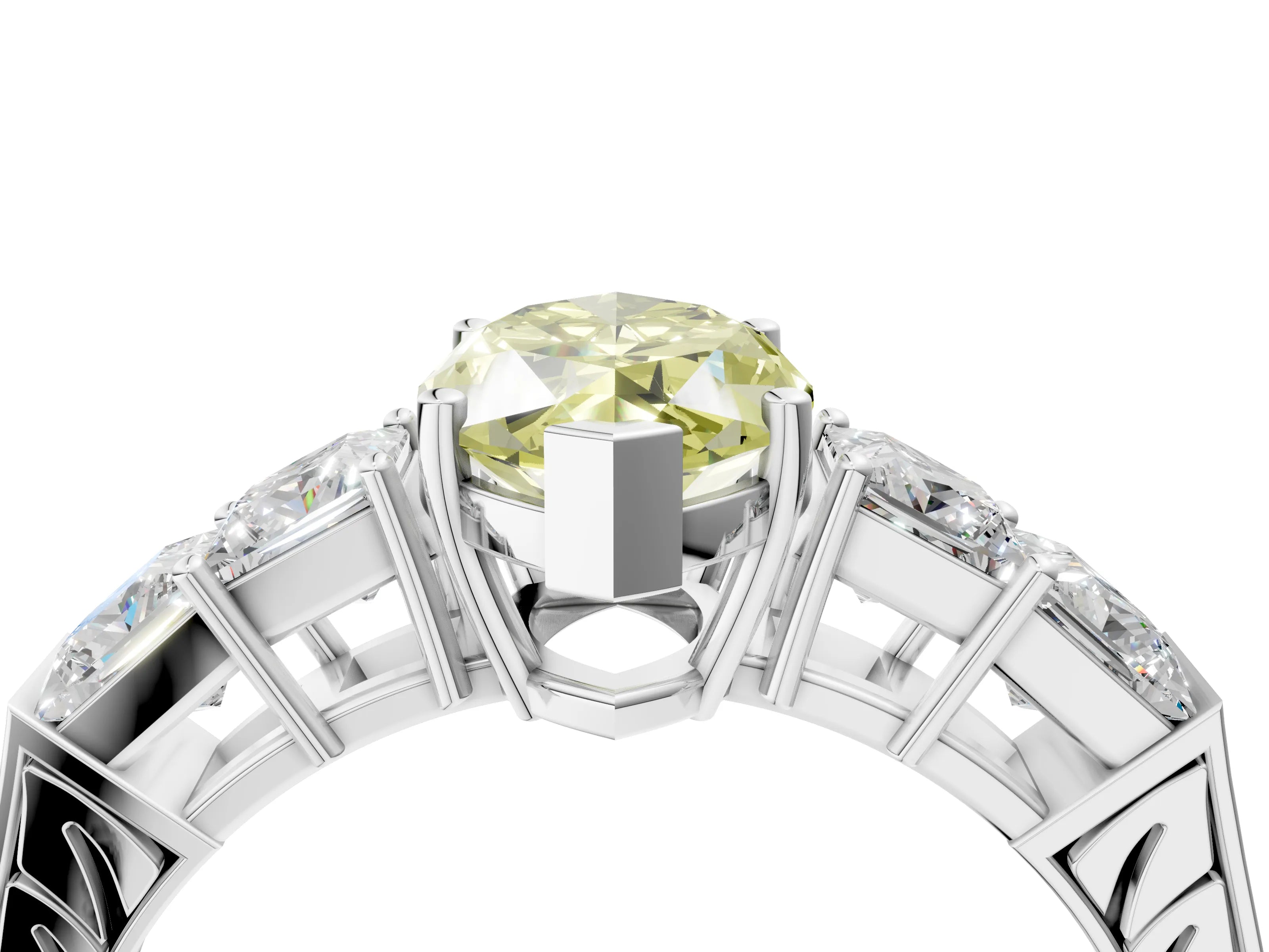 White gold Fancy Yellow Marquise Cut Solitaire Princess Side Stone Engraved Band Prong Setting Ring_16