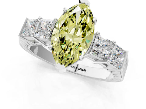 White gold Fancy Yellow Marquise Cut Solitaire Princess Side Stone Engraved Band Prong Setting Ring_1