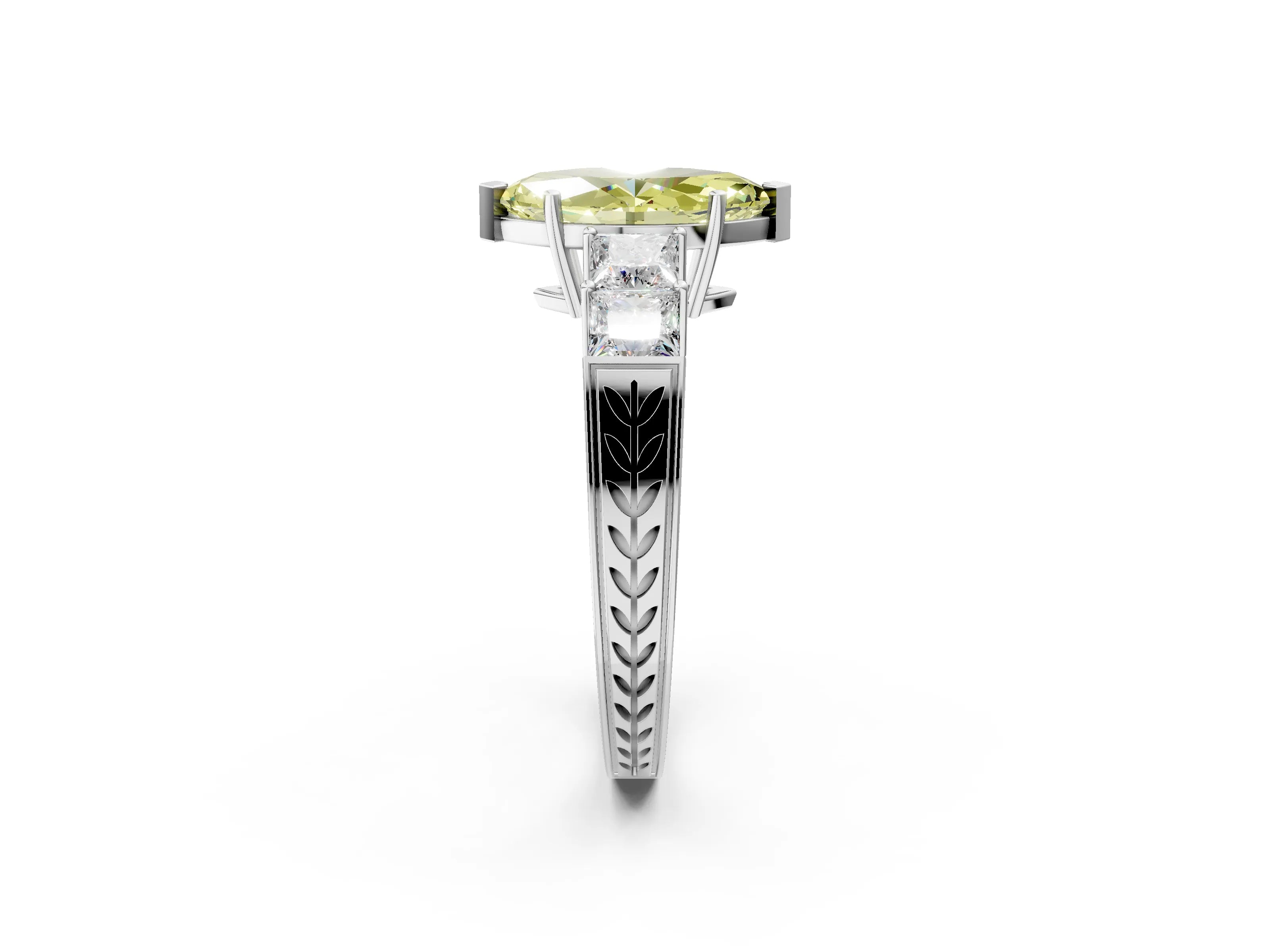 White gold Fancy Yellow Marquise Cut Solitaire Princess Side Stone Engraved Band Prong Setting Ring_2